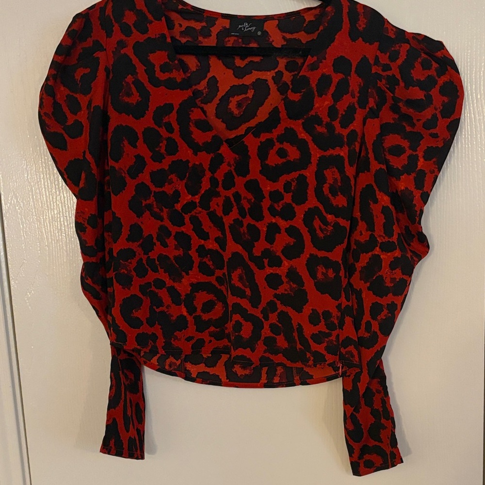 Milk & Honey puffy shoulder long sleeve blouse.  Orangey red and black. Sz S